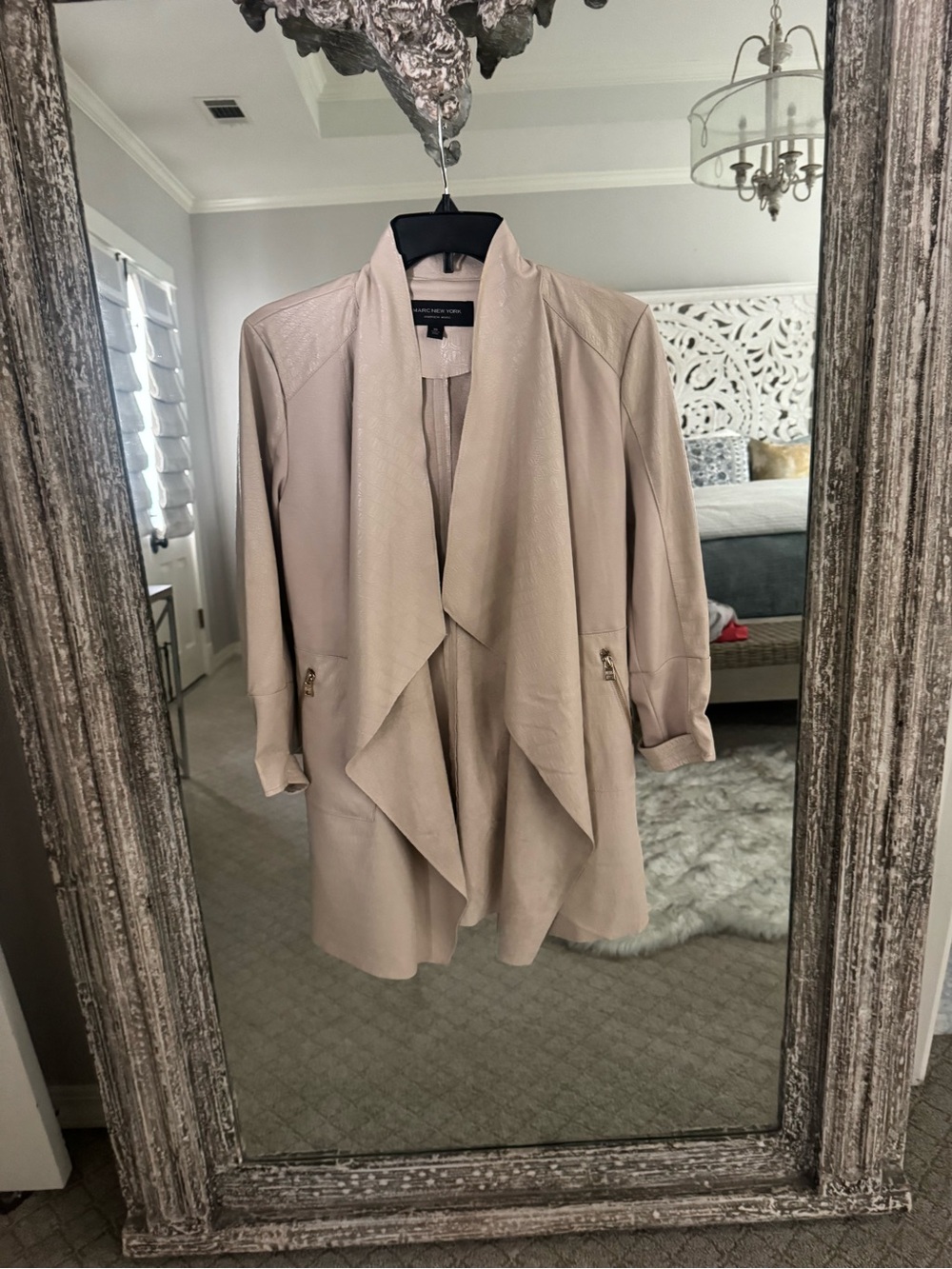 Draped Open-Front Blazer Jacket in Light Beige